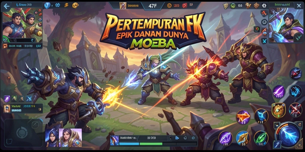 Tangkapan layar gameplay 47F yang menunjukkan aksi pertempuran MOBA yang mendebarkan.