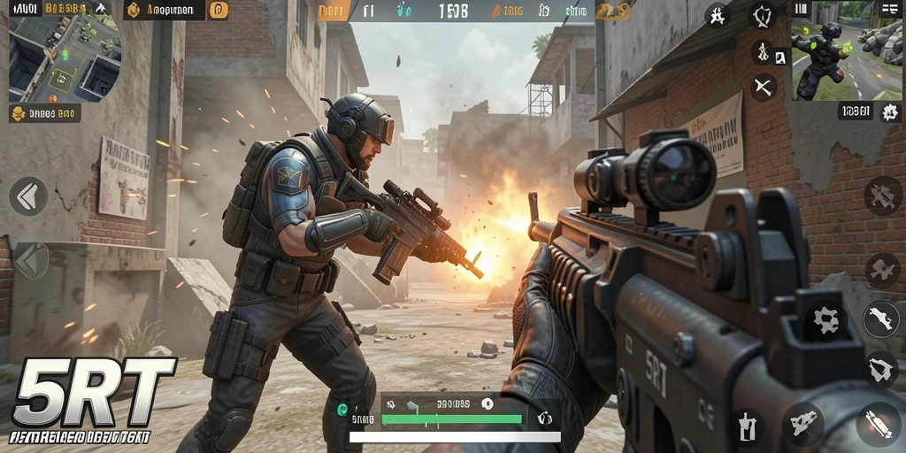 Screenshot gameplay intens dari 5RT dengan aksi tembak-menembak yang dinamis.