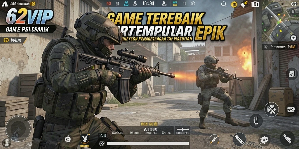 Tampilan epik gameplay 62VIP dengan aksi tembak-tembakan yang intens.