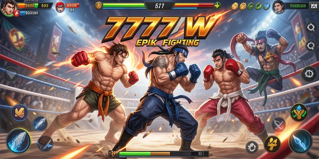 Screenshot utama 7777W menampilkan pertarungan seru antar karakter.