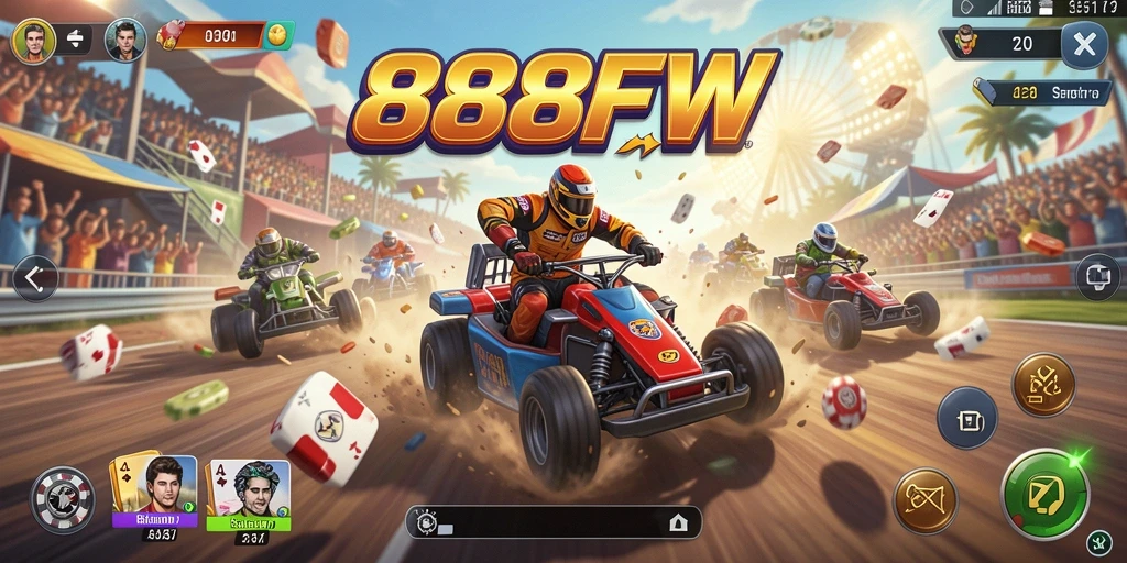 Screenshot gameplay 888FW menampilkan aksi balapan yang mendebarkan.