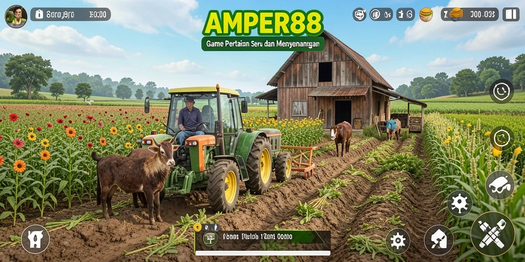 Tampilan gameplay <strong>AMPER88</strong> dengan ladang hijau dan tanaman beragam.