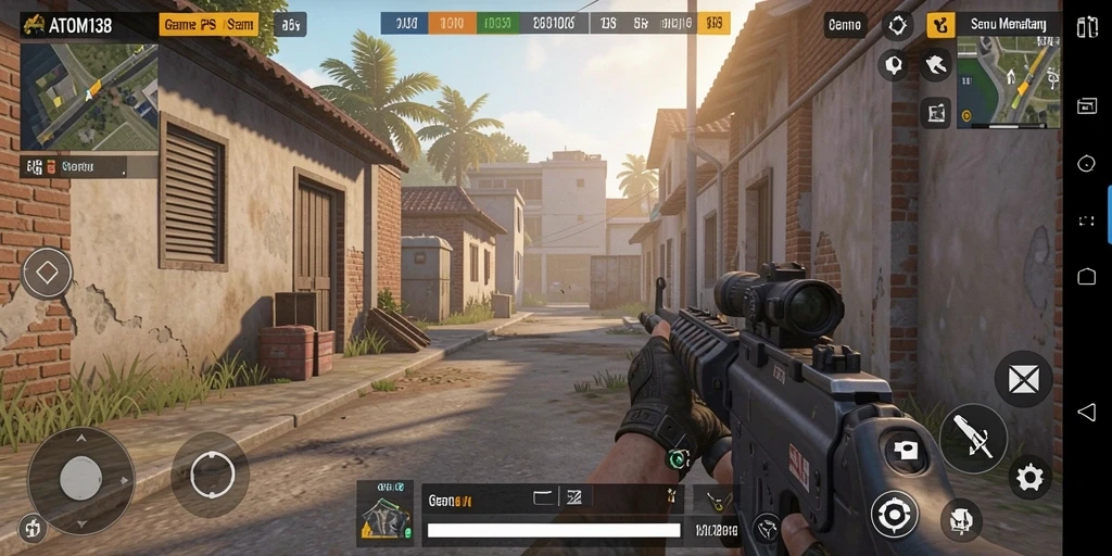 Screenshot menunjukkan aksi seru dalam gameplay ATOM138 dengan pertarungan FPS intens.