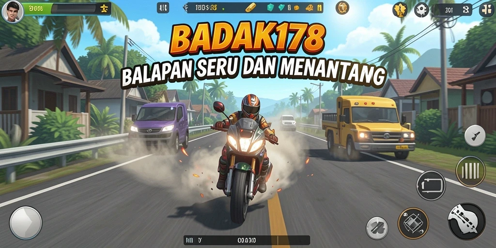 Screenshot BADAK178 menunjukkan mobil yang melaju cepat di trek balap menantang.