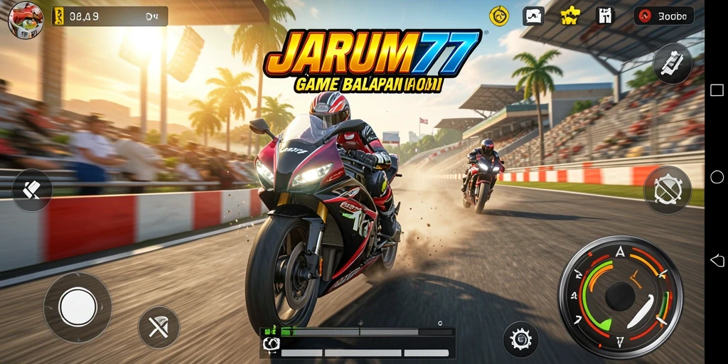 Tampilan gameplay JARUM77 dengan balapan motor yang seru dan cepat.
