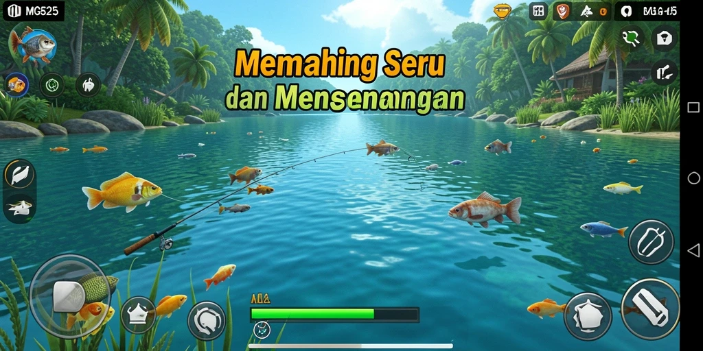 Screenshot gameplay MG525 menampilkan aksi memancing yang seru.