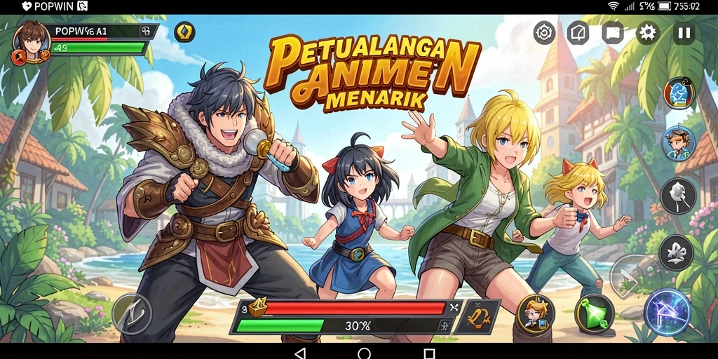 Tampilan seru dari gameplay POPWIN dengan karakter anime yang beraksi.