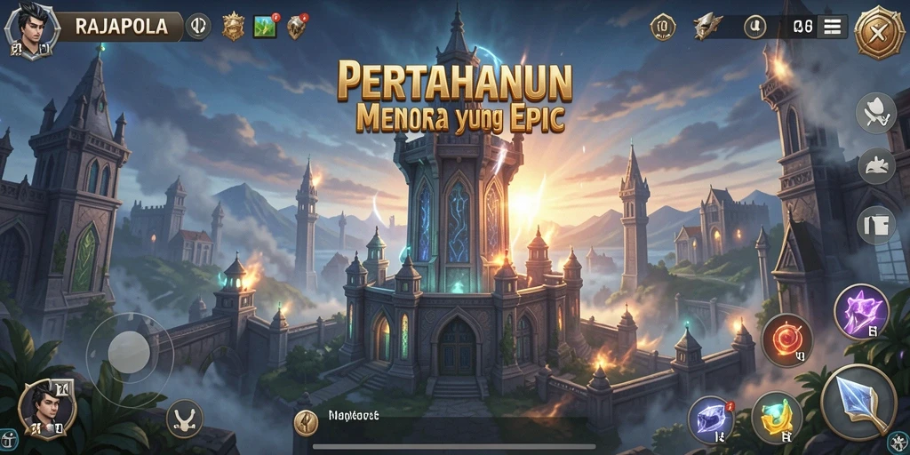 Screenshot utama RAJAPOLA menunjukkan aksi menara bertahan dengan grafis yang mengesankan.