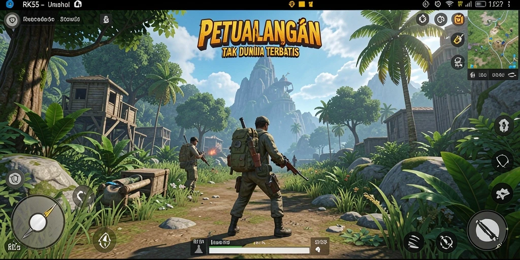 Screenshot gameplay RK55 menampilkan eksplorasi dunia terbuka yang luas.