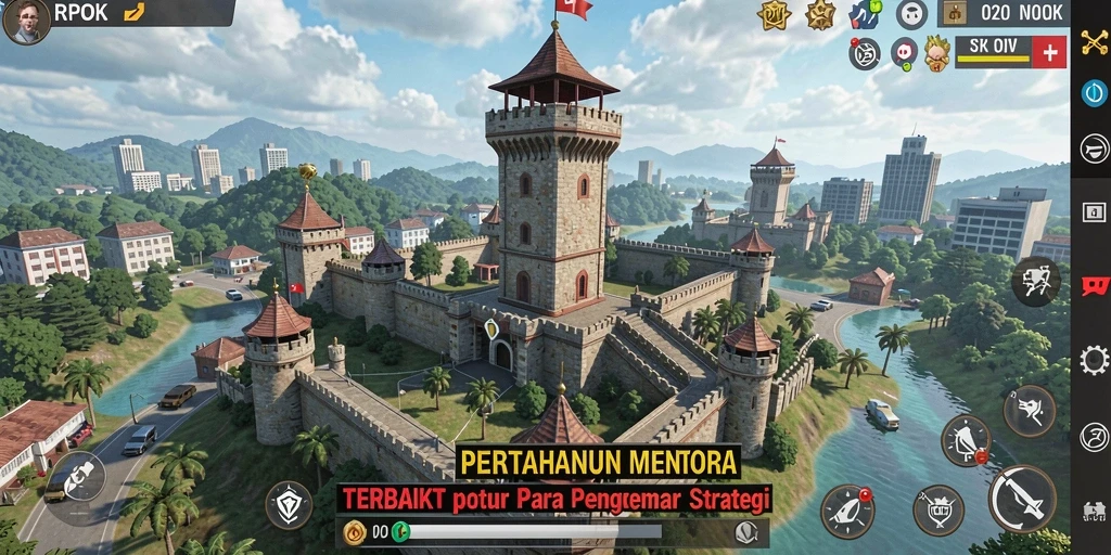 Tampilan gameplay RPOK dengan menara yang megah dan musuh yang beragam.