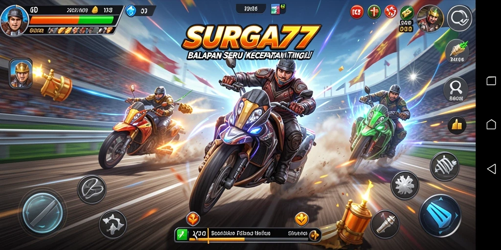 Tampilan gameplay SURGA77 yang dinamis dan seru saat balapan.