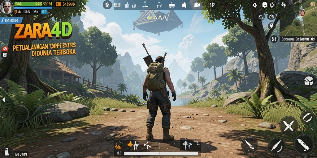 Screenshot ZARA4D menampilkan pemain menjelajahi hutan lebat dengan grafik memukau.